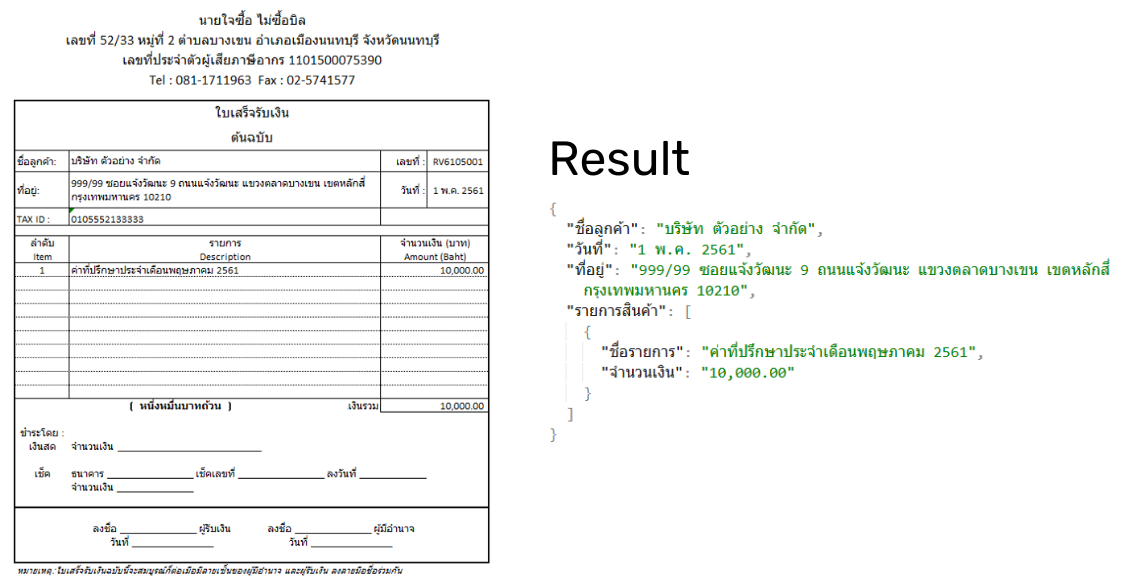 รูปภาพประกอบ: เปรียบเทียบภาพเอกสารต้นฉบับ (ซ้าย) กับผลลัพธ์ JSON ที่ได้ (ขวา) ให้เห็นความชัดเจนว่าดึงข้อมูลออกมาตรงๆ